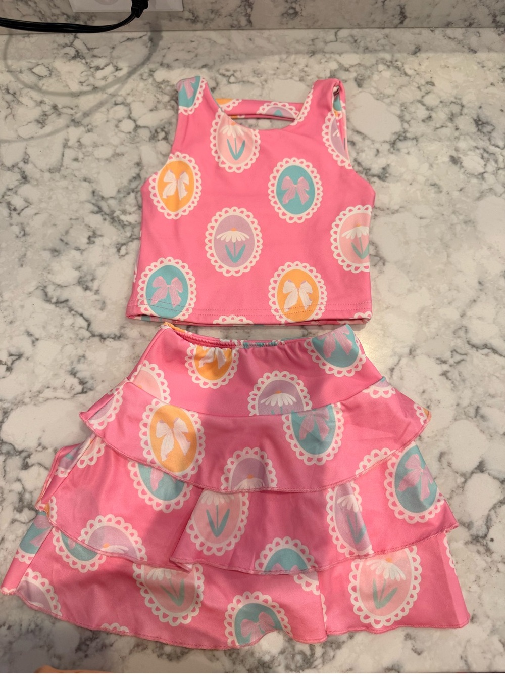 Made by Molly- Girls Pink Two-Piece Ruffle Skirt Set with Pastel Cameo Print
